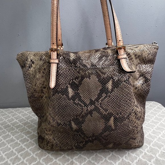 Michael Kors Python Effect Bag Tote Embossed Leather Snakeskin Print Tan Black - Picture 10 of 16